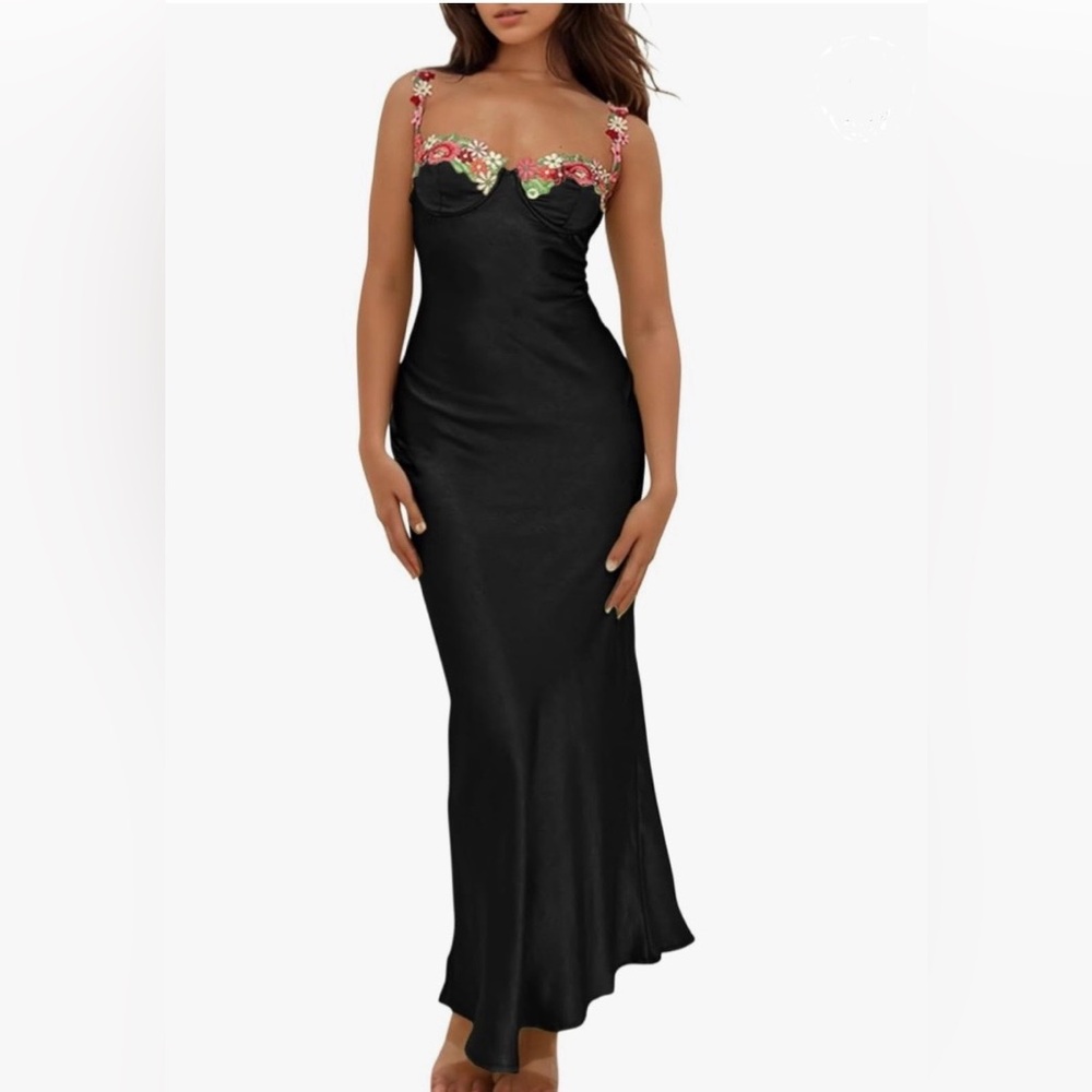 Women’s Black Satin Maxi Dress, Spaghetti Straps Flower Embroidery Trim. Size M